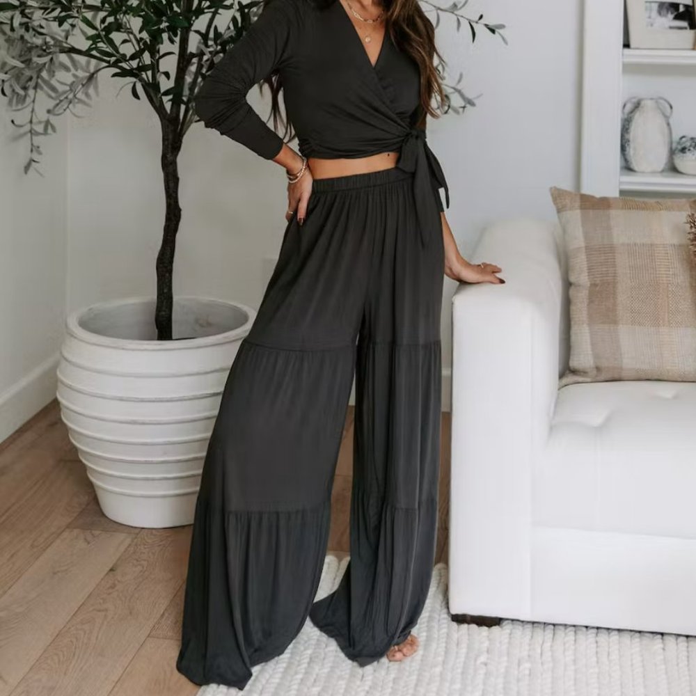 Long Sleeve Wrap and Wide Leg Pants - MATCHING SET